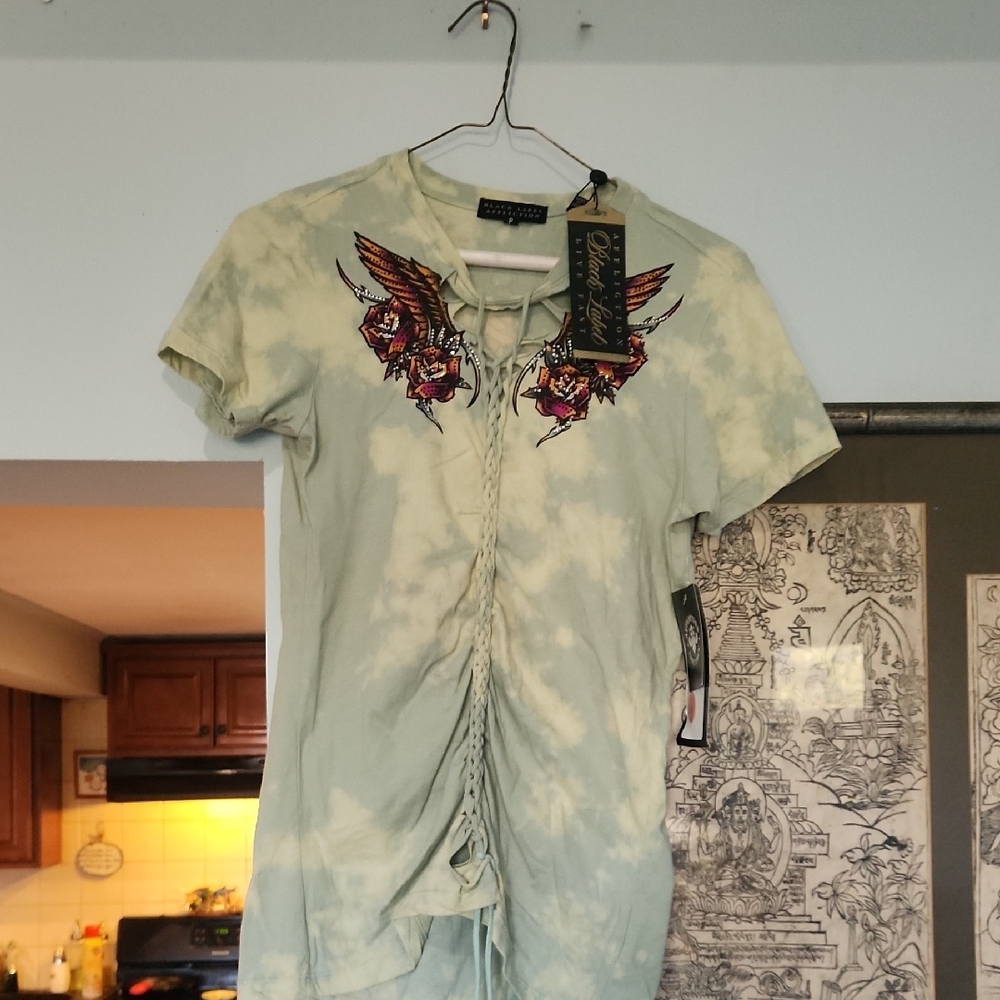 Affliction Tie-Dye Lace-Up Top with Eagle Design Size S.